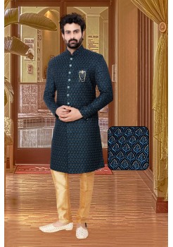 Navy Blue Velvet Indo Western Sherwani